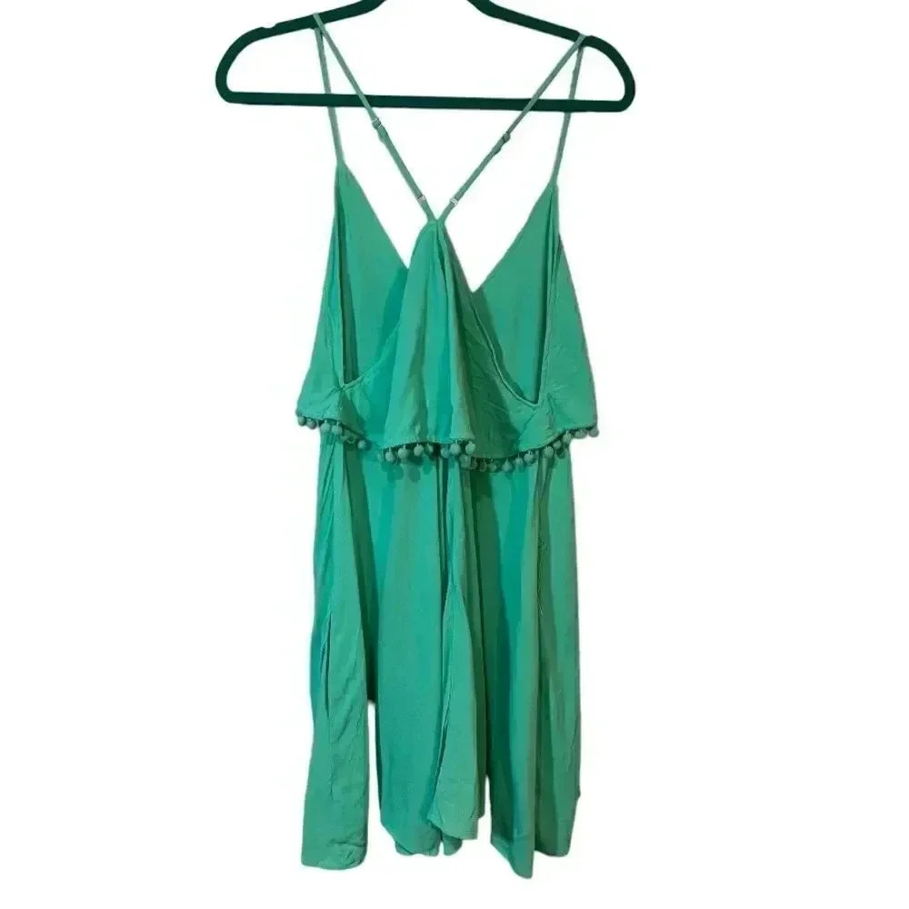 Loveriche size L NWT aqua green tank dress w/spaghetti straps and Pom-Pom trim - Picture 6 of 10